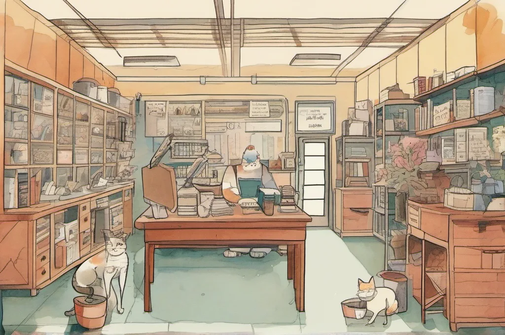 Original watercolor paintings on textured paper: a cat stars in each scene, interacting with workplace products such as parcel tape, shelving, cleaning caddies, desks, and retail fixtures, with visible pigment grain, soft edges, warm paper tones, and diffused daylight; no brand lettering, logos, or product screenshots.: How to Set Up an Efficient Packing Station for Small Business Orders