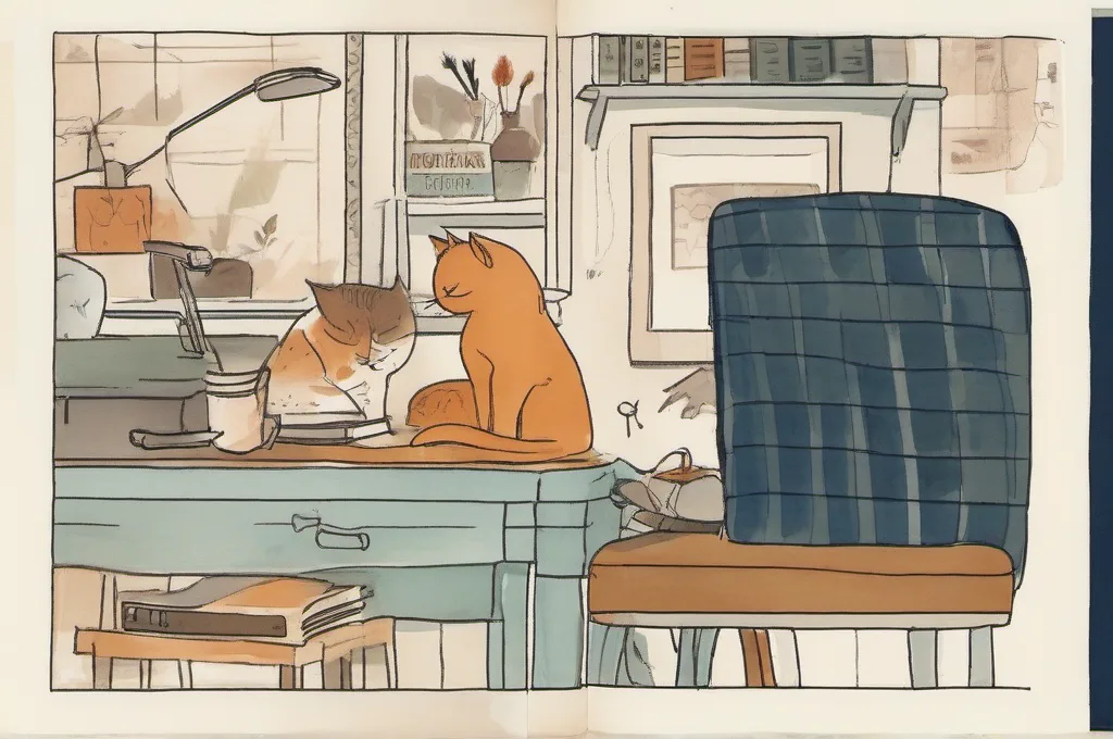 Original watercolor paintings on textured paper: a cat stars in each scene, interacting with workplace products such as parcel tape, shelving, cleaning caddies, desks, and retail fixtures, with visible pigment grain, soft edges, warm paper tones, and diffused daylight; no brand lettering, logos, or product screenshots.: How to Install a Desk-Mounted Monitor Arm and Route Its Cables