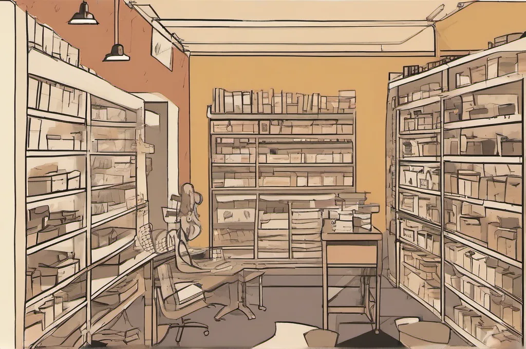 Original watercolor paintings on textured paper: a cat stars in each scene, interacting with workplace products such as parcel tape, shelving, cleaning caddies, desks, and retail fixtures, with visible pigment grain, soft edges, warm paper tones, and diffused daylight; no brand lettering, logos, or product screenshots.: Top 4 Shelving Units for Small-Business Backroom Storage