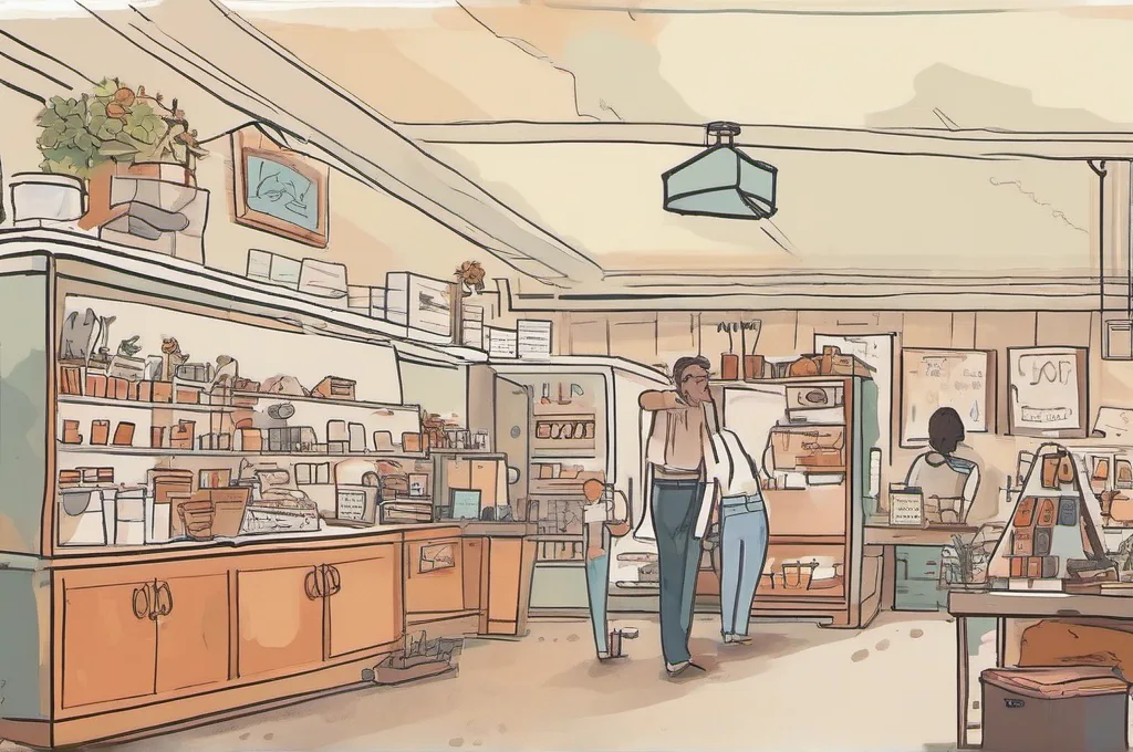 Original watercolor paintings on textured paper: a cat stars in each scene, interacting with workplace products such as parcel tape, shelving, cleaning caddies, desks, and retail fixtures, with visible pigment grain, soft edges, warm paper tones, and diffused daylight; no brand lettering, logos, or product screenshots.: Top 5 Receipt Printers for Small Retail Checkout Counters