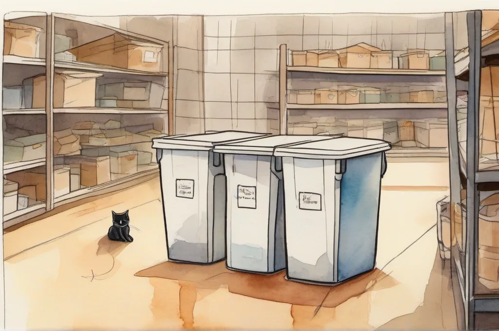 IRIS Clear View Plastic Storage Bin, 18 gal. (72 qt.): A pair of empty clear storage bins stands on a storeroom floor as one cat lowers the smaller nested bin into the larger one. Their smooth transparent sides and loose lids are plainly visible, with a wooden shelving unit in the background. Watercolor fieldguide illustration on warm cream paper, soft pigment washes and gentle painted edges..