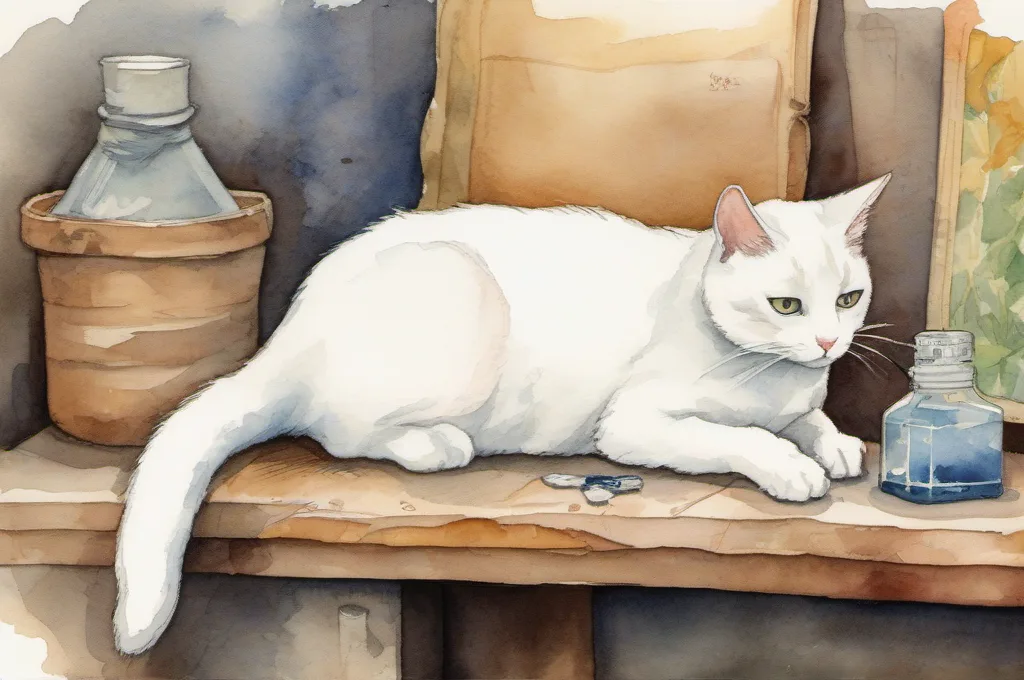 Brecknell PS150 Slimline Portable Bench Scale: A white cat rests one paw on a large parcel as it sits on a square bench scale in a small packing-room corner. The separate indicator stands beside the platform with a completely blank face; a plain cardboard box and neatly coiled cable complete the simple watercolor fieldguide scene..