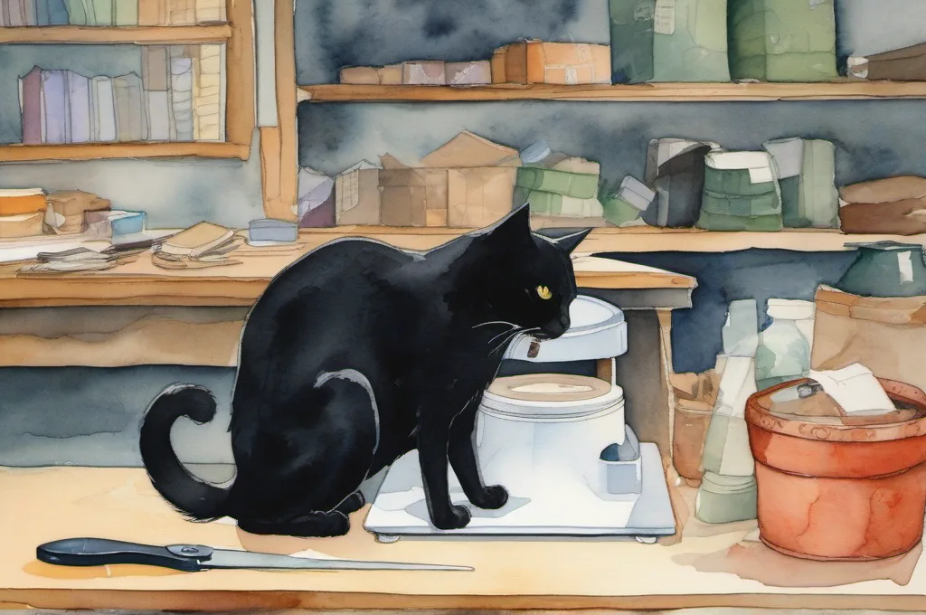 Accuteck ShipPro W-8580 110lb Digital Shipping Postal Scale: A black cat pushes a sturdy rectangular carton into the center of a compact shipping scale on a wooden workbench. A roll of plain packing tape and a pair of closed scissors sit well back from the scale; the clean, softly edged watercolor illustration has no visible writing..