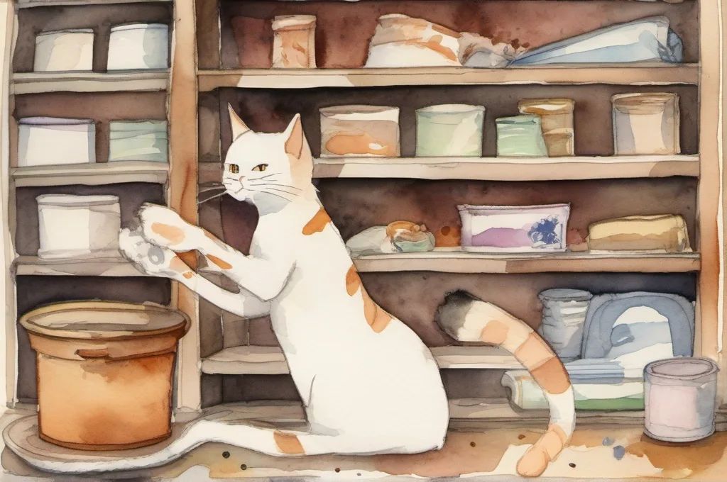 Epson OmniLink TM-m30III: A small receipt-paper roll sits in a snug wooden checkout cubby as one cat pushes it into place with a paw. Keep the counter setting simple, with a compact cubby and a few softly painted shop details. Watercolor fieldguide illustration, with every object unlettered..