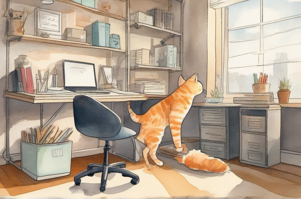 TrueWellness All Mesh Office Chair: A mid-back mesh office chair stands beside a plain worktable as one cat flips an armrest upward with a paw. The simple, sunlit office setting has uncluttered floor space and a soft watercolor fieldguide treatment..