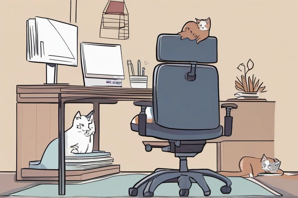 Staples Hyken Ergonomic Mesh Swivel Task Chair (ST63137): A mesh swivel task chair tilts back as one cat leans comfortably against its adjustable headrest. The scene is a quiet corner of a small business office, with a plain rug beneath the chair and soft watercolor edges..