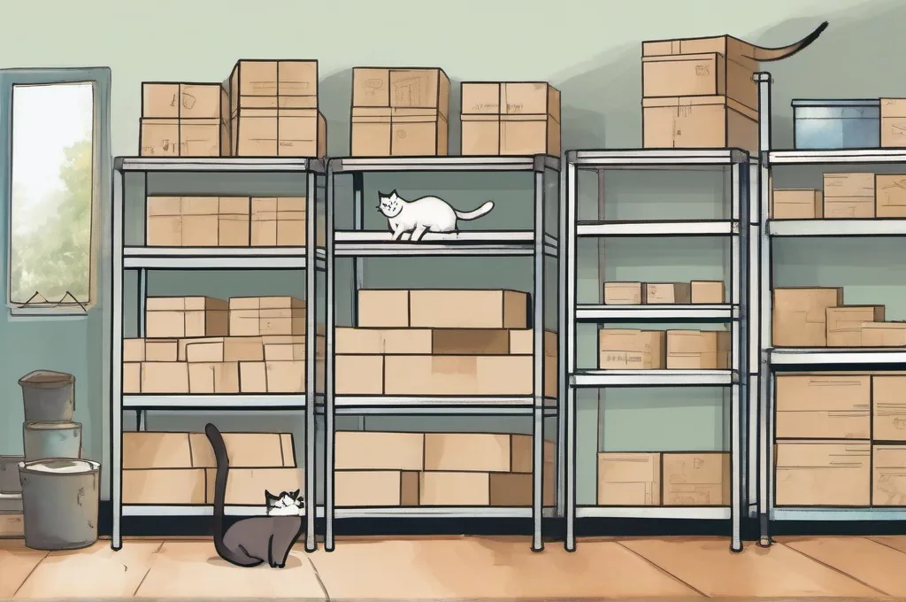 AR SHELVING 5,000 lb. Series 5-Tier Steel Garage Storage Shelving Unit, Model TRCM18520KFUS0I: A robust five-tier steel shelving unit stands against the wall of a small workshop as one cat pushes a plain cardboard box into an open middle shelf. A few more unmarked boxes are spaced evenly on the lower tiers, making the orderly storage easy to read. Paint it as a gentle watercolor fieldguide illustration..