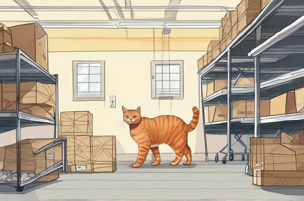 DYMO S400 Digital USB Shipping Scale: A ginger cat paws an oversized, securely wrapped crate onto a wide floor shipping scale in an open storeroom. The scale’s carry handle is visible at one edge, while a hand truck and neatly stacked unmarked parcels sit against the wall; soft watercolor pigment and gentle ink contours..