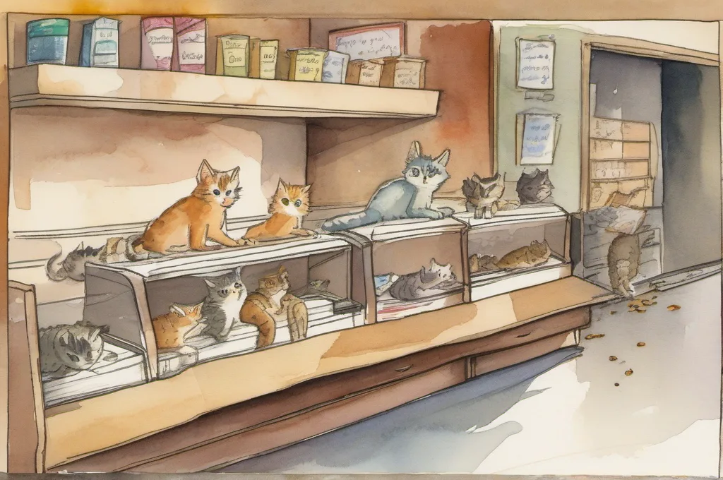 Epson TM-T20IV: A long blank receipt strip lies across a checkout counter as one cat folds it into a compact accordion. The curled end and broad paper roll remain clearly visible. Watercolor fieldguide illustration with gentle painted edges; all props are unlettered..