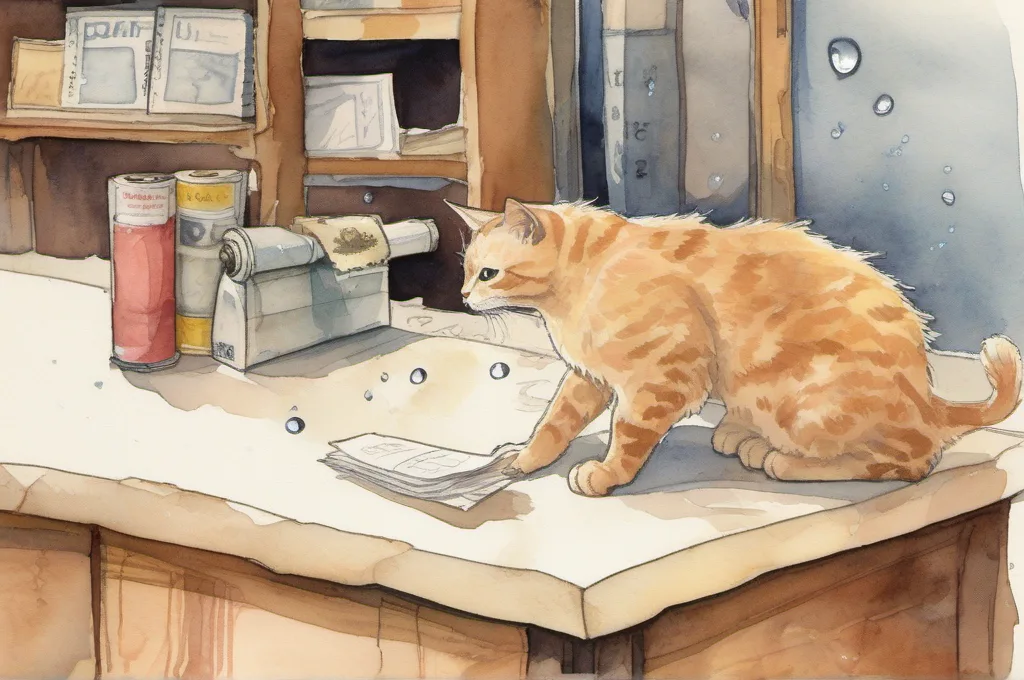 Star Micronics mC-Print3: A front-opening wooden counter dispenser is the main object as one cat seats a receipt-paper roll inside its opening. A few water droplets rest on the counter nearby, without obscuring the paper or slot. Watercolor fieldguide illustration; no lettering on any prop..