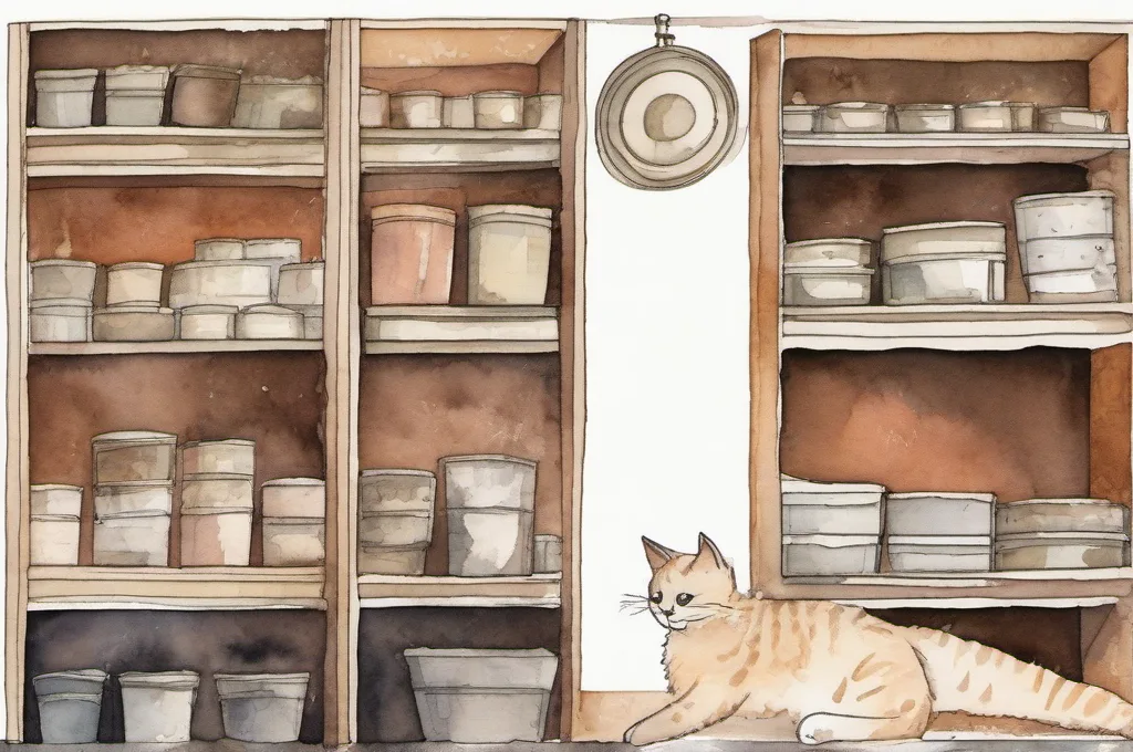 Kobalt 4-Tier Heavy Duty Steel Utility Shelving Unit, Model 52238: A tall four-tier steel shelving unit stands in a compact shop backroom as one cat nudges a plain wooden crate onto its lowest shelf. A few sturdy supply baskets rest neatly above it, leaving the broad shelves clearly visible. Render as a gentle watercolor fieldguide illustration with soft painted edges..