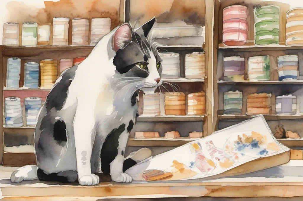 Star Micronics TSP143IV: An oversized receipt-paper roll is the main object as one cat nudges it along a checkout counter toward a shallow wooden tray. Give the roll a broad, clear silhouette and keep the retail setting uncluttered. Watercolor fieldguide illustration; all visible props are unlettered..