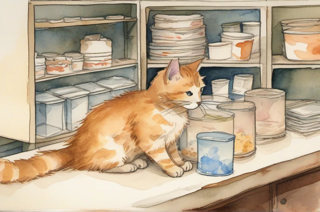 IRIS 8-Gallon Clear Stackable Tote, Model 500297: A low clear lidded tote slides from beneath a backroom counter as one cat pulls it forward by the rim. Small folded aprons are visible inside the shallow container, with plain cartons on the counter above. Watercolor fieldguide illustration on warm cream paper, soft pigment washes and gentle painted edges..