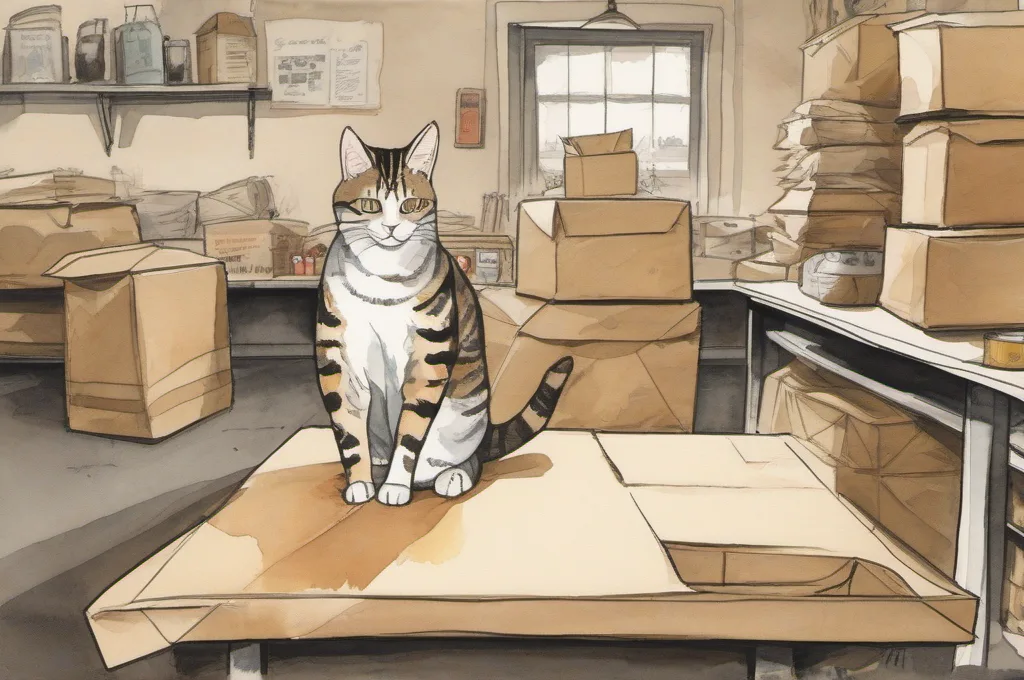 ONYX Products 70lb Postage and Shipping Scale: A striped cat steadies a taped parcel on a broad, low shipping scale beside a stack of folded kraft paper. The scene sits on a busy but orderly dispatch table, with a blank wall and a few unlettered packing supplies in the background, painted in a soft watercolor fieldguide style..