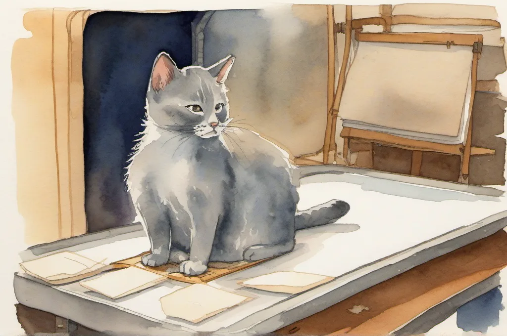 Brecknell PS25 Compact USB Postal Scale: A small gray cat nudges a padded envelope onto a low postal weighing platform at a tidy packing desk. A slim mailing tube rests nearby in a simple upright holder, with loose twine and unmarked wrapping paper. Soft watercolor washes and gentle ink outlines on warm cream paper..