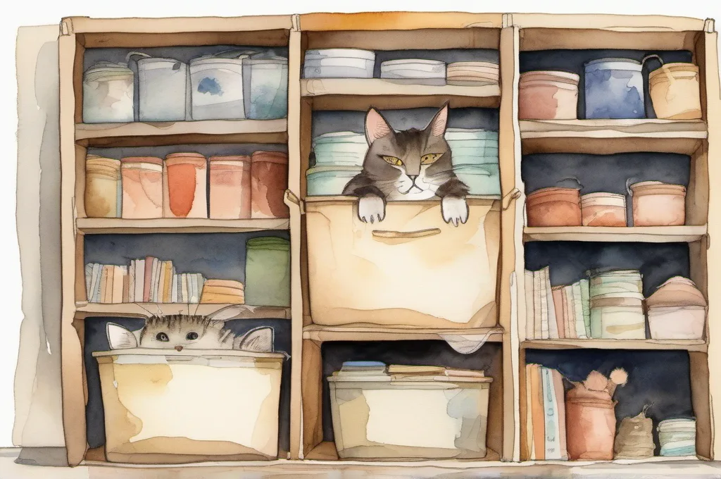 Project Source 14.5-Gallon Clear Stackable Tote, Model 500372: A tall clear lidded tote moves beneath a low storeroom shelf as one cat guides it forward with both paws against its side. The shelf underside sits close above the lid, while a few unmarked stock bundles are visible through the tote. Watercolor fieldguide illustration on warm cream paper, soft pigment washes and gentle painted edges..